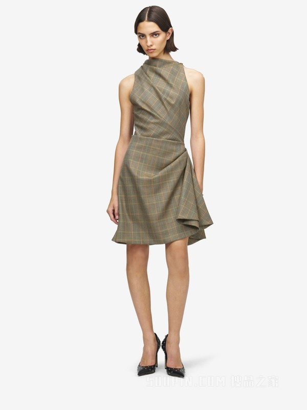 乡村格纹不对称迷你连衣裙