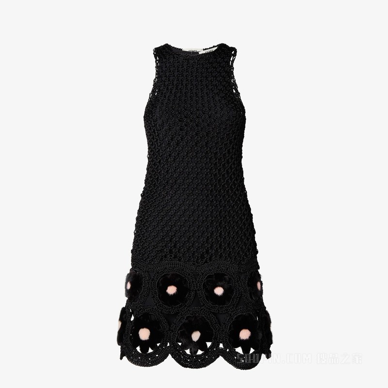 连衣裙 黑色流苏镂空桑蚕丝和羊剪毛连衣裙