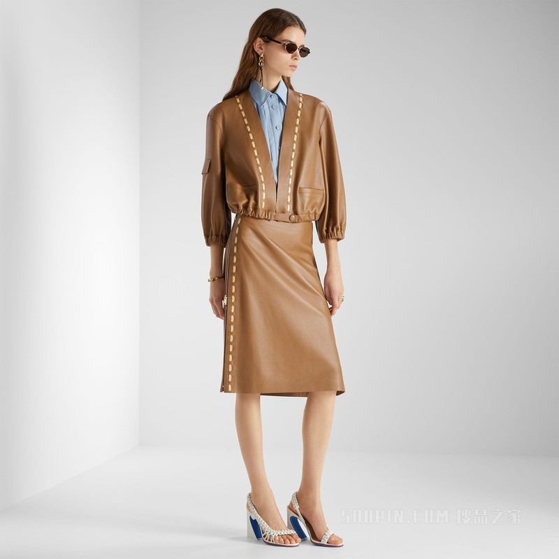 夹克衫 Selleria缝线棕色皮革夹克