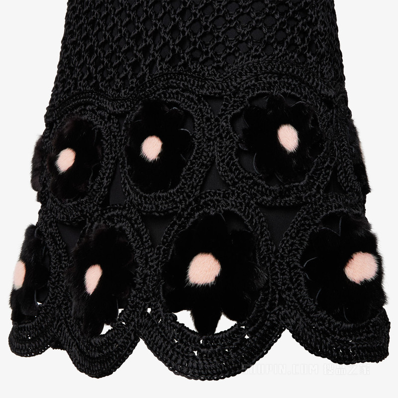 连衣裙 黑色流苏镂空桑蚕丝和羊剪毛连衣裙