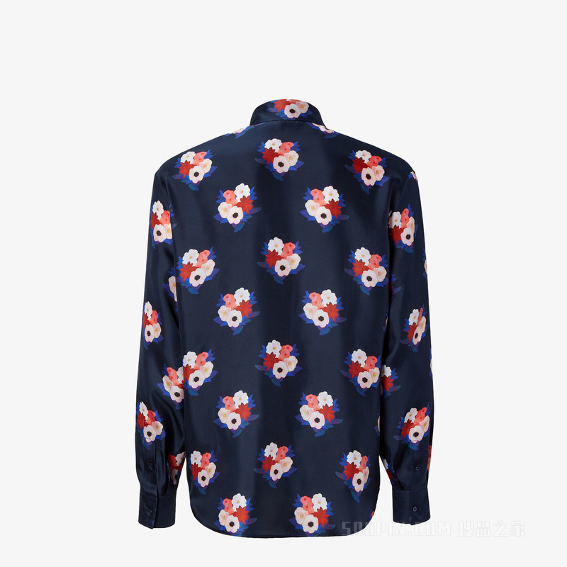 衬衫 蓝色印花桑蚕丝衬衫