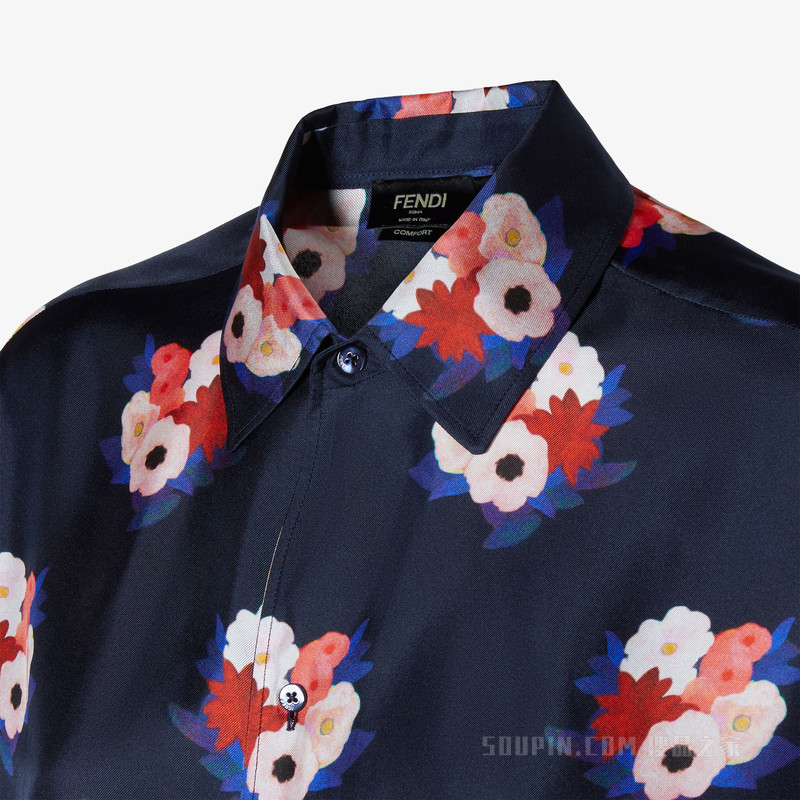 衬衫 蓝色印花桑蚕丝衬衫