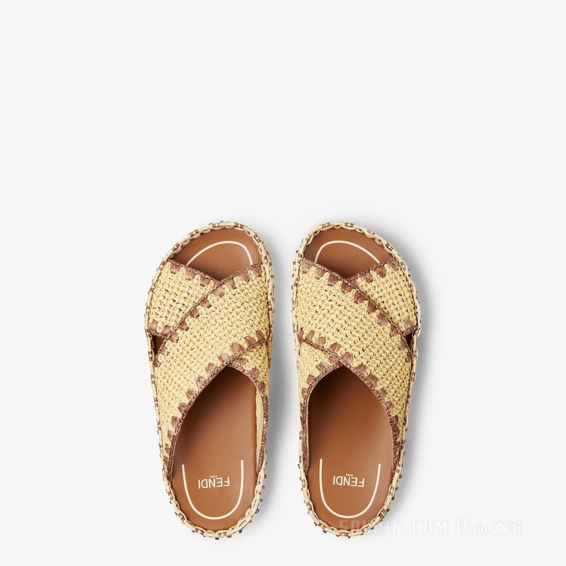 凉拖鞋 米色拉菲草平底鞋