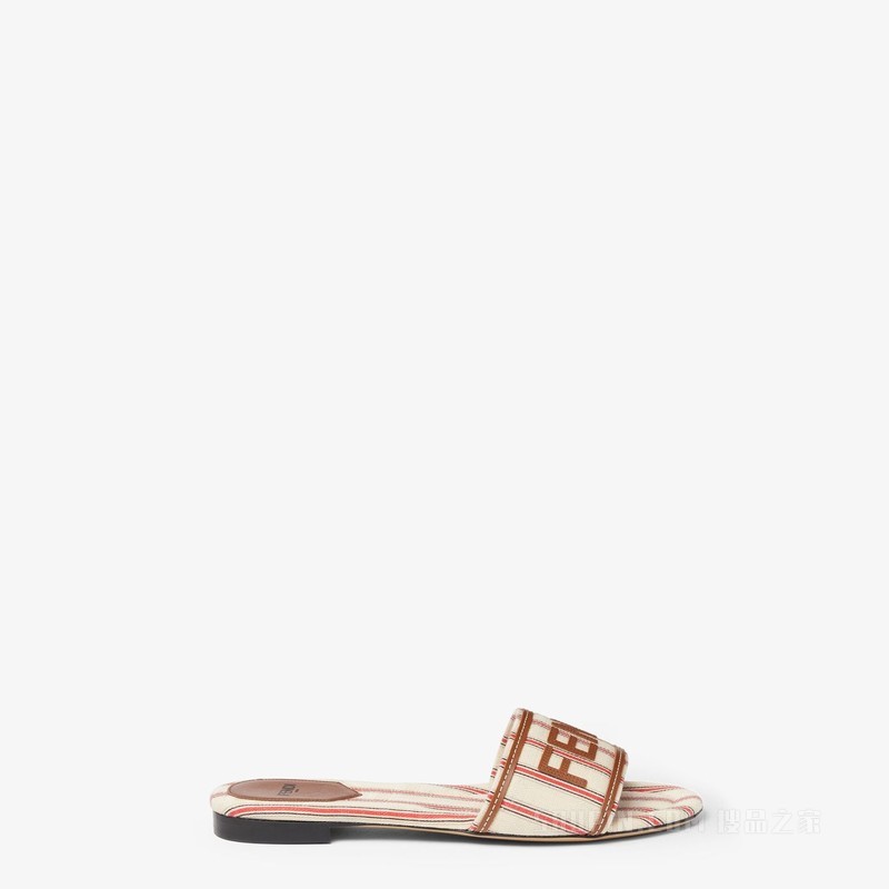 FENDI Sunshine 红色和米色条纹FF帆布凉拖鞋