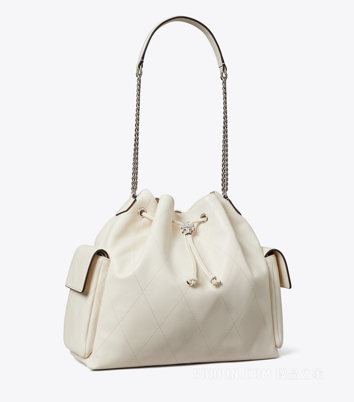 【明星同款】Charlie 大号绗缝抽绳肩背包 浅奶油白