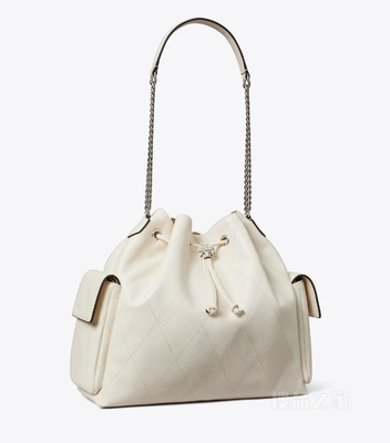 【明星同款】Charlie 大号绗缝抽绳肩背包 浅奶油白