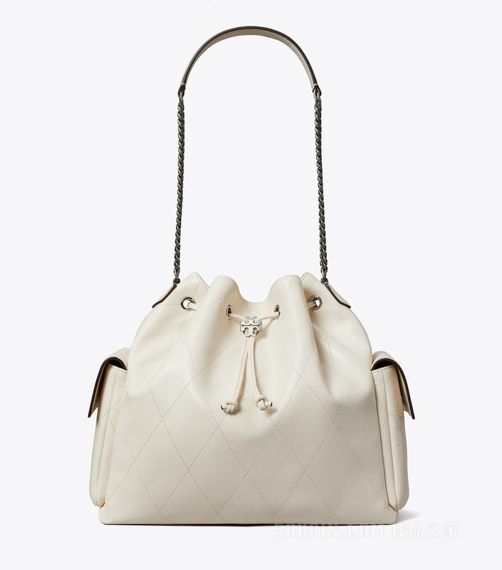 【明星同款】Charlie 大号绗缝抽绳肩背包 浅奶油白