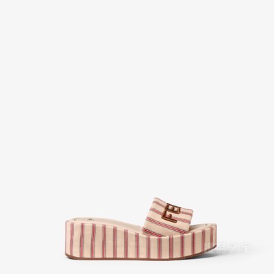 FENDI Sunshine 红色和米色条纹FF帆布厚底凉拖鞋
