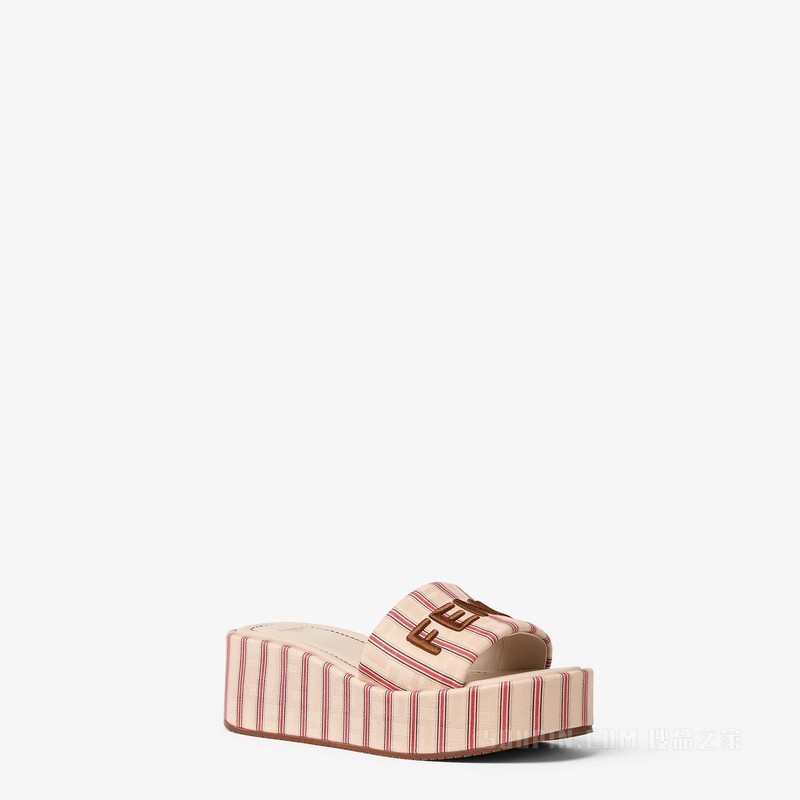 FENDI Sunshine 红色和米色条纹FF帆布厚底凉拖鞋