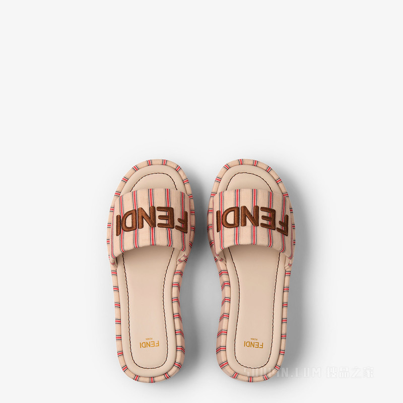 FENDI Sunshine 红色和米色条纹FF帆布厚底凉拖鞋