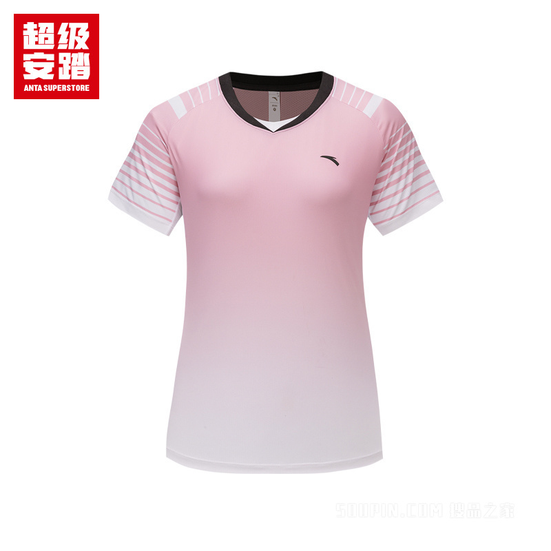 超级安踏小球运动系列乒羽女子吸湿速干短袖针织衫