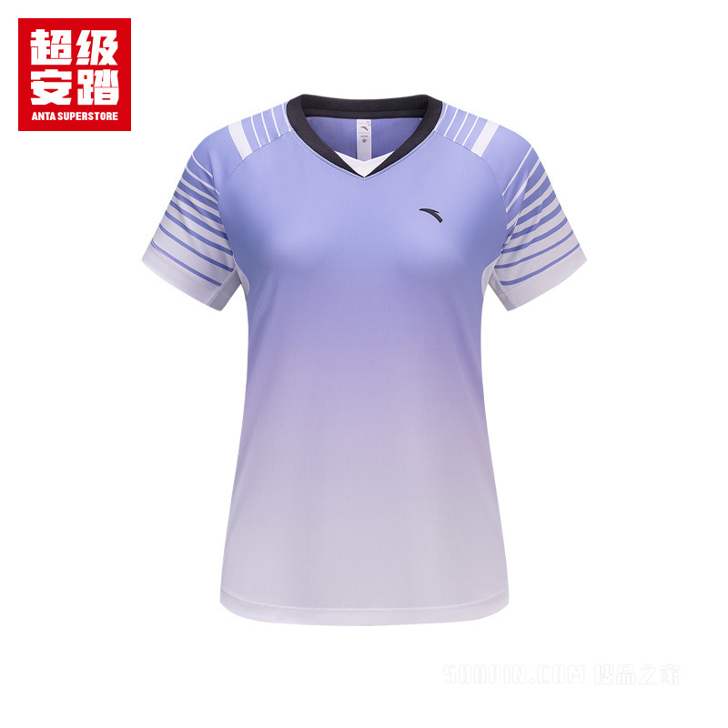 超级安踏小球运动系列乒羽女子吸湿速干短袖针织衫