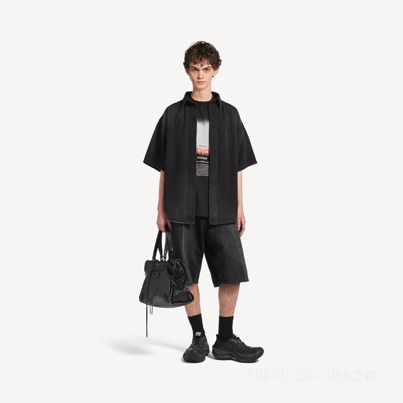 THE DOOR混合设计短袖牛仔衬衫