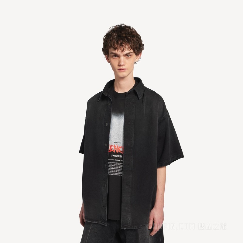 THE DOOR混合设计短袖牛仔衬衫