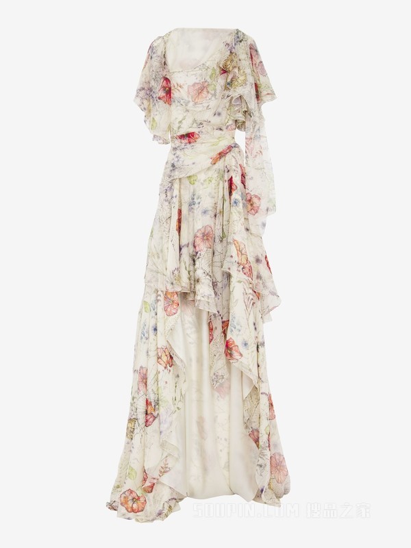 草甸花卉印花不对称晚宴连衣裙