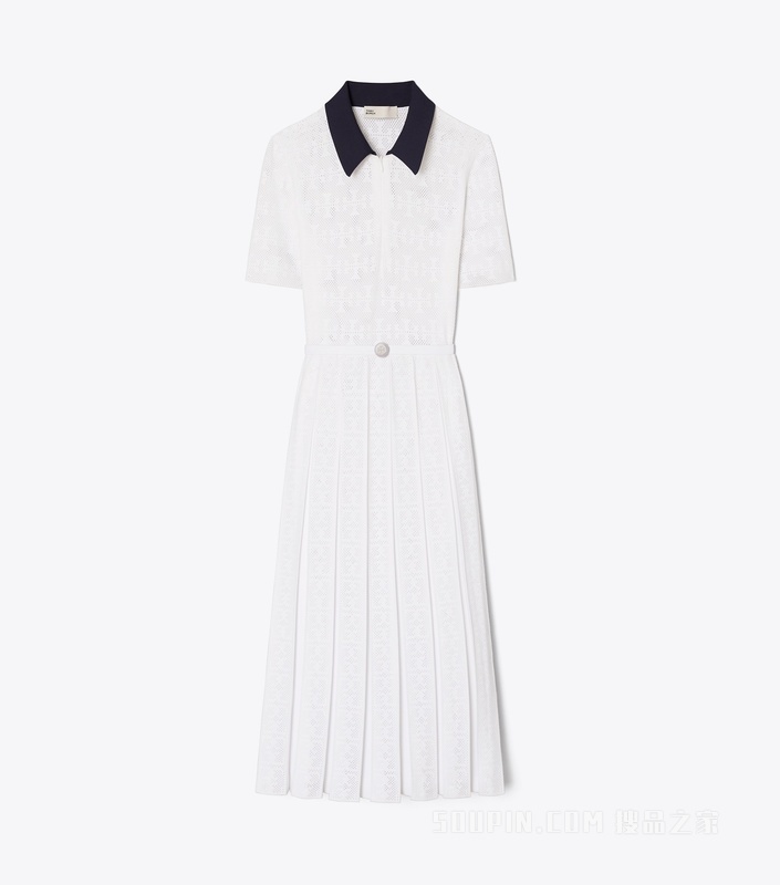 【新品】T Monogram 镂空褶裥连衣裙 白色/海军蓝