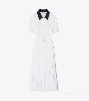 【新品】T Monogram 镂空褶裥连衣裙 白色/海军蓝