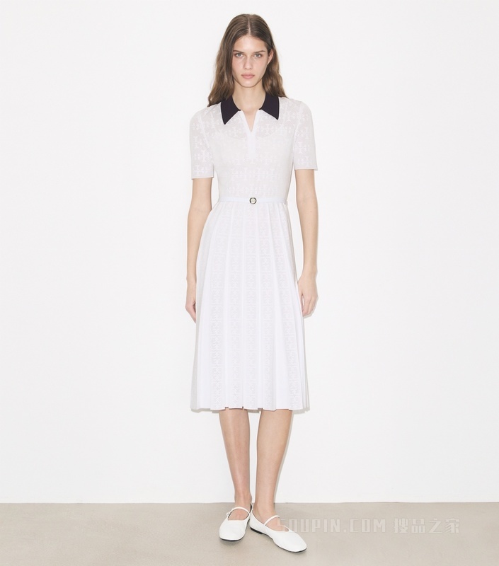 【新品】T Monogram 镂空褶裥连衣裙 白色/海军蓝