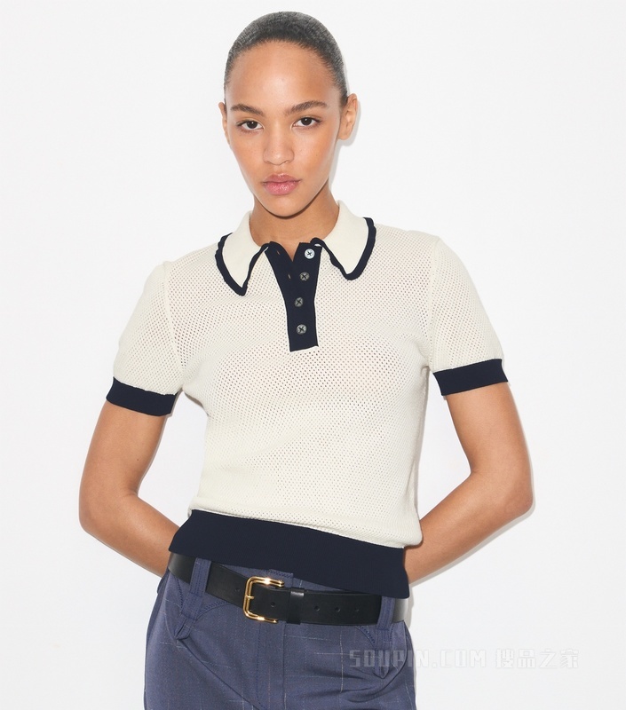 【新品】镂空短袖 Polo 衫 象牙白 / 中调海军蓝