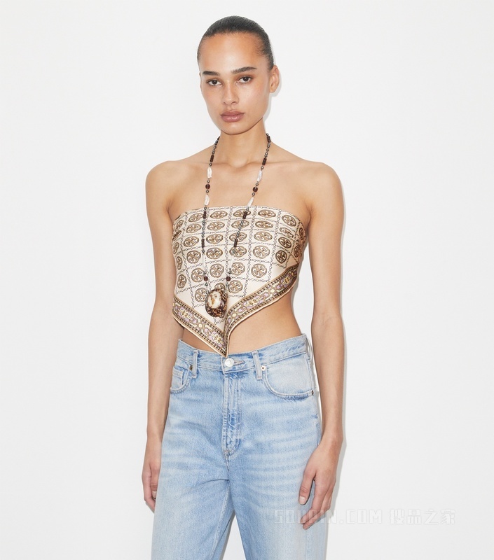 【新品】T Monogram 方巾 象牙白装饰 T Monogram 图案