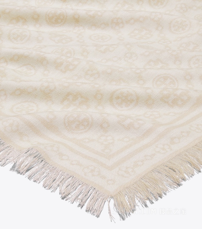 【新品】T Monogram 花卉图案长方形围巾 以象牙白为底色的 T Monogram 图案