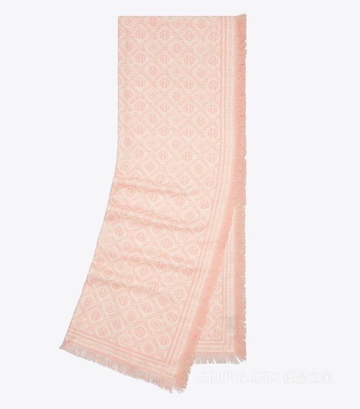 【新品】T Monogram 花卉图案长方形围巾 以粉色为底色的 T Monogram 图案