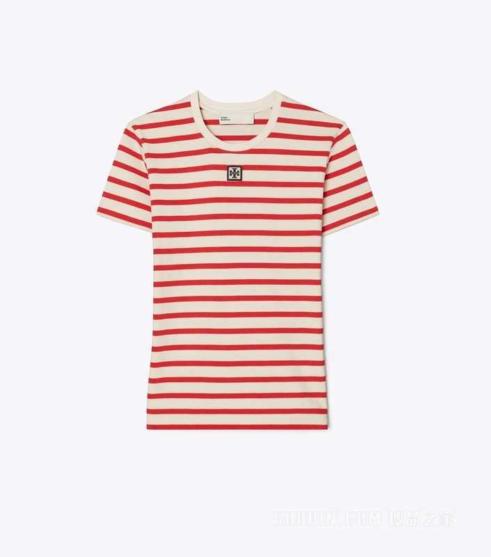 【新品】条纹棉质 T 恤 浅象牙白/闪光红
