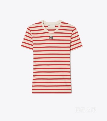 【新品】条纹棉质 T 恤 浅象牙白/闪光红