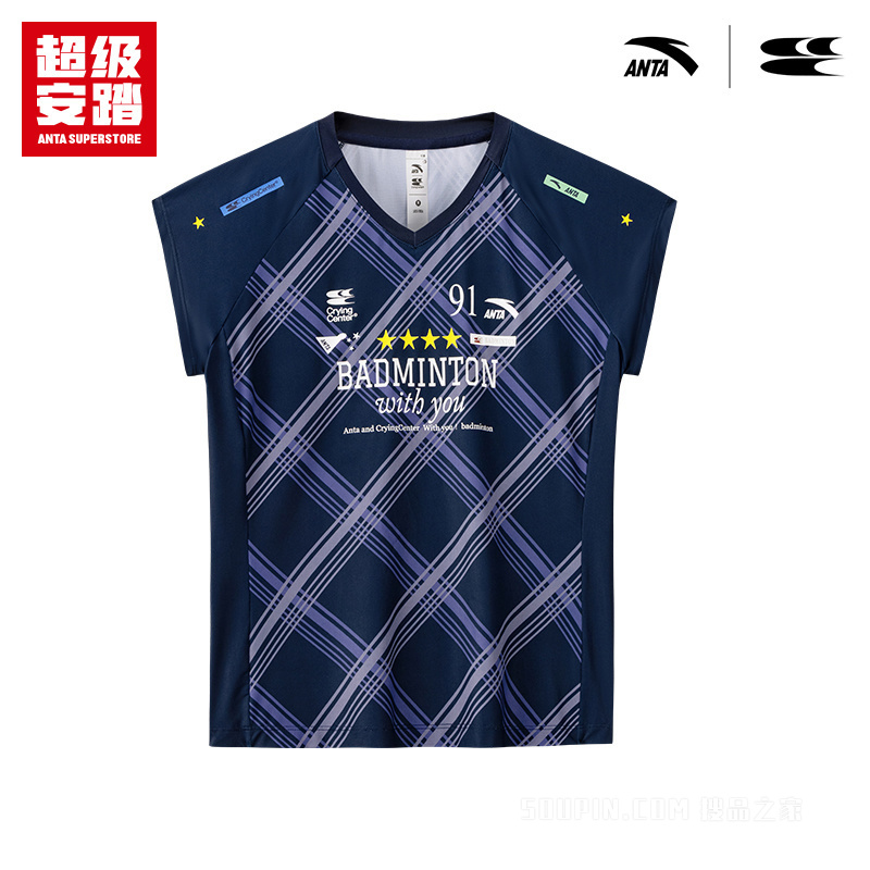 超级安踏x哭喊中心联名｜羽毛球系列格纹飞袖短T恤162638126U