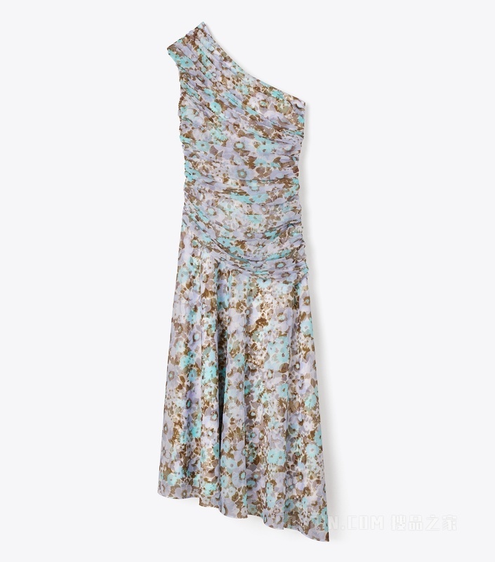 【新品】印花单肩连衣裙 蓝色花卉纹