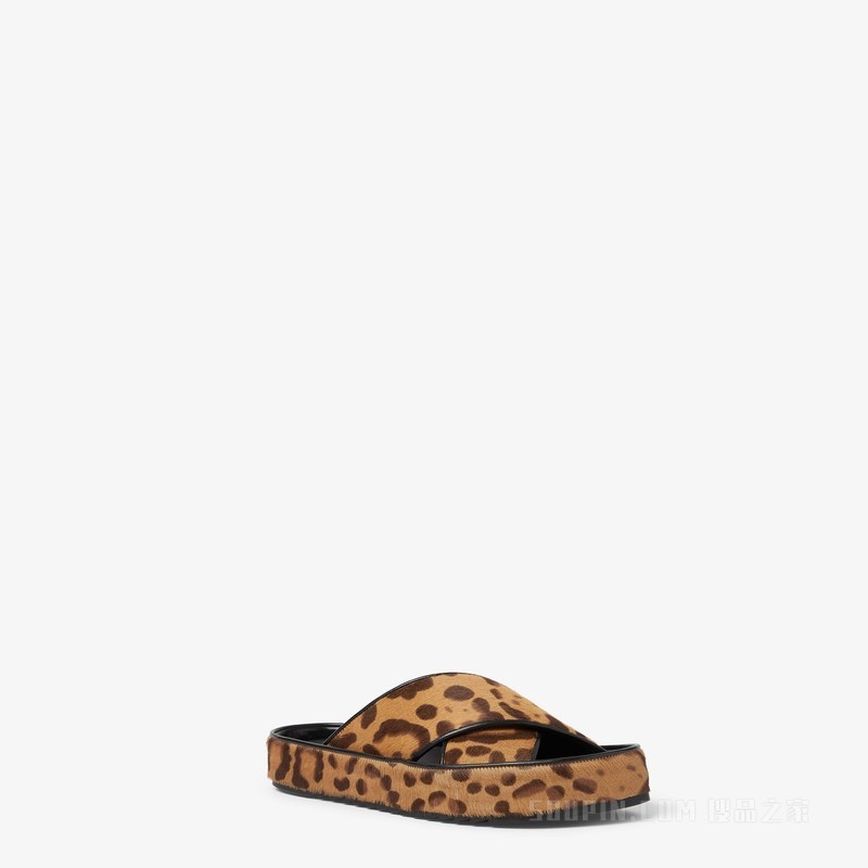 FENDI Double 棕色毛面皮革凉拖鞋