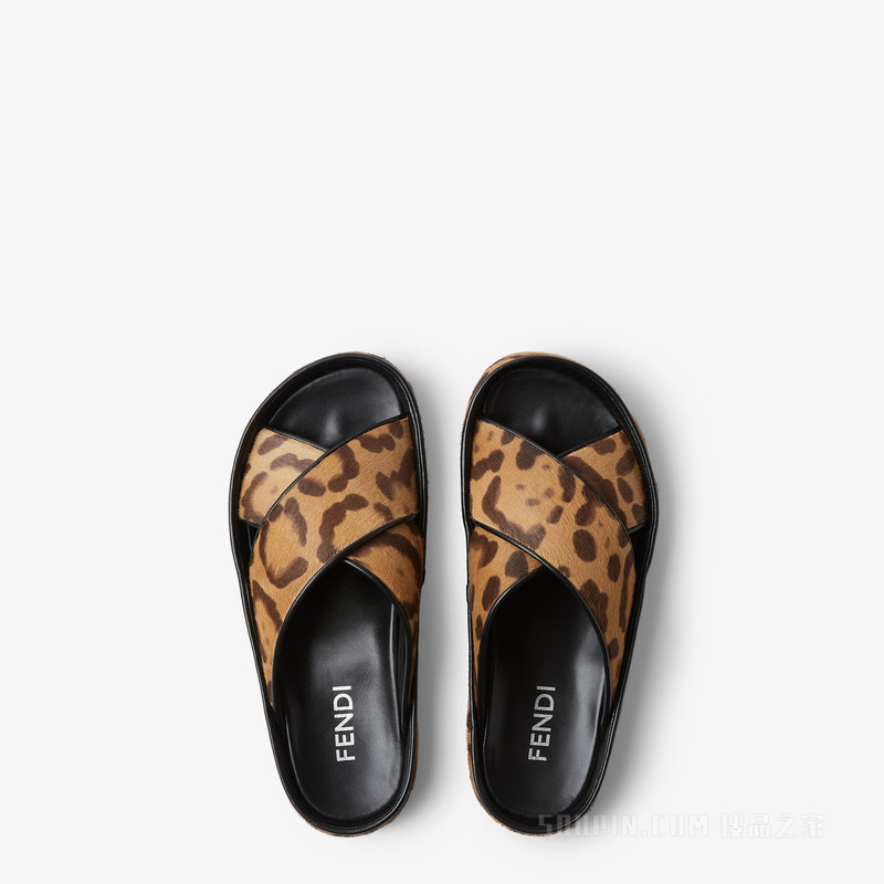 FENDI Double 棕色毛面皮革凉拖鞋