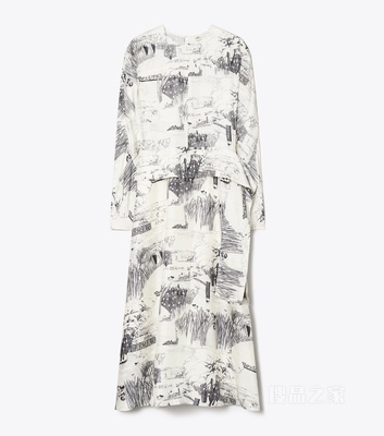 【新品】印花桑蚕丝系带连衣裙 象牙白印花