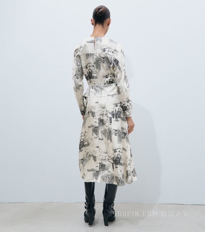 【新品】印花桑蚕丝系带连衣裙 象牙白印花