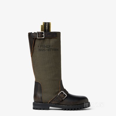 FENDI Commando 黑色皮革和灰绿色布艺靴子