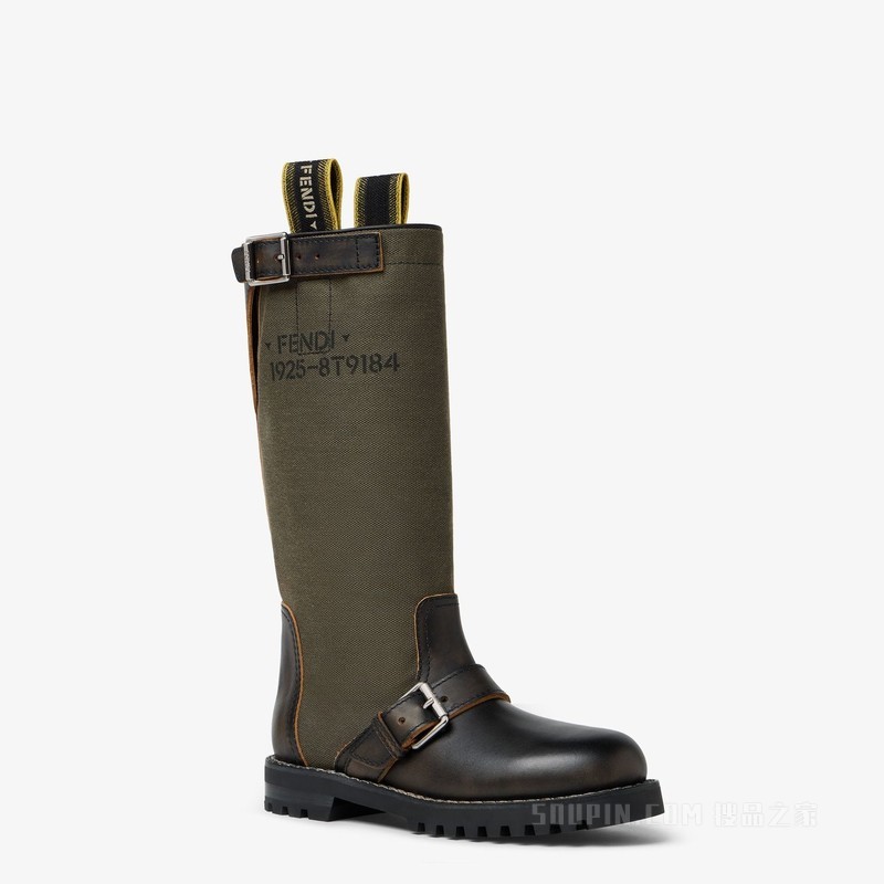FENDI Commando 黑色皮革和灰绿色布艺靴子