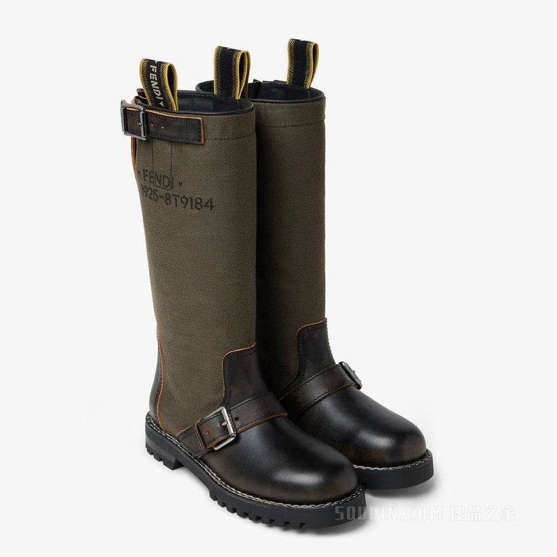 FENDI Commando 黑色皮革和灰绿色布艺靴子