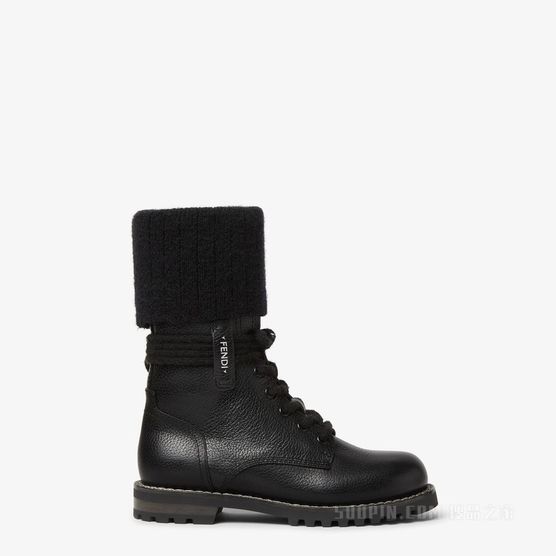 FENDI Commando 黑色皮革和马海毛靴