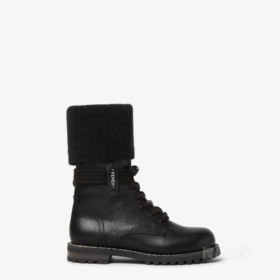 FENDI Commando 黑色皮革和马海毛靴