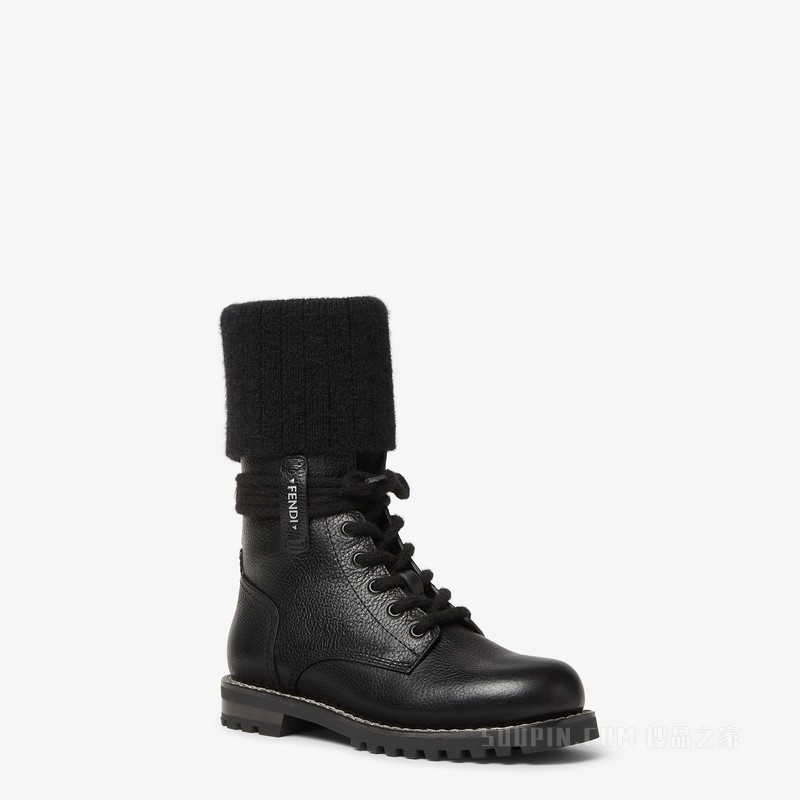 FENDI Commando 黑色皮革和马海毛靴