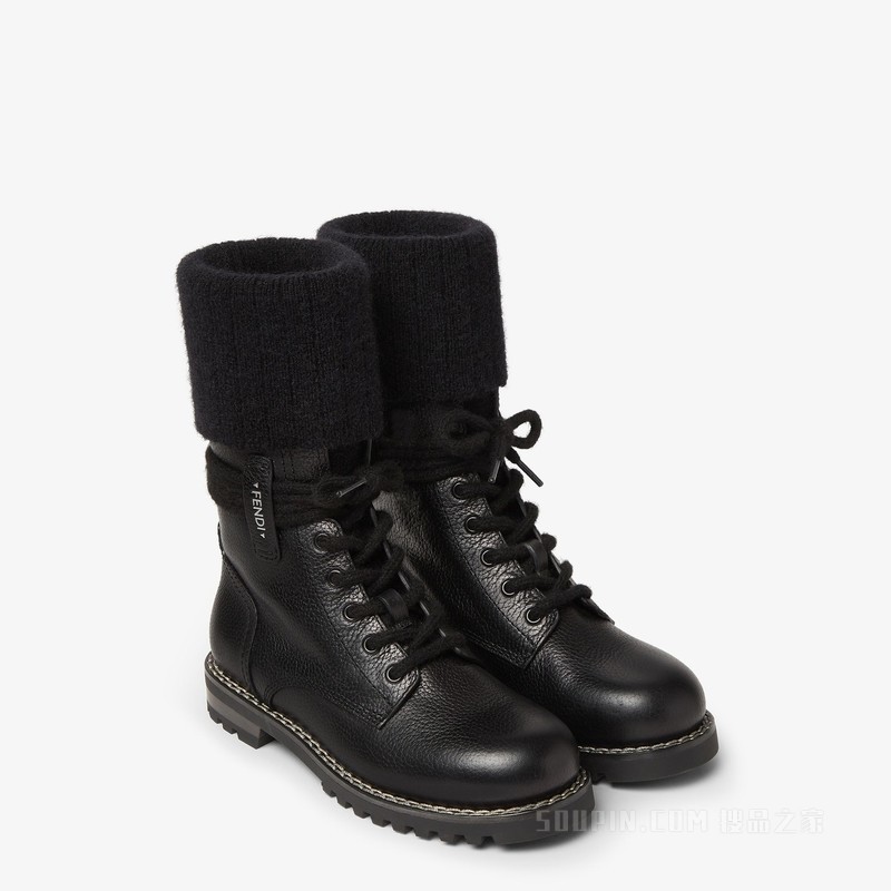 FENDI Commando 黑色皮革和马海毛靴