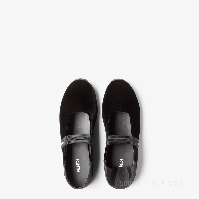 FENDI Academia 黑色天鹅绒芭蕾舞平底鞋