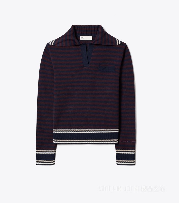 【新品】羊毛条纹领毛衣 海军蓝/深浆果色