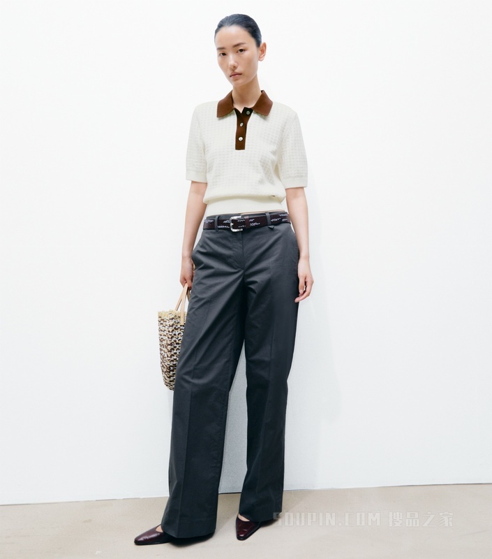 【新品】棉质镂空 Polo 衫 象牙白/红木棕