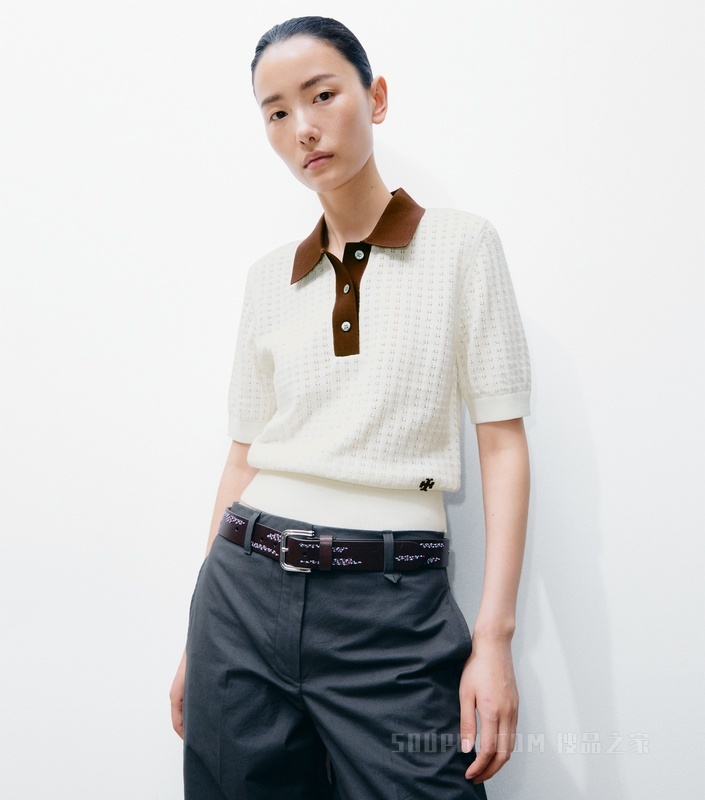 【新品】棉质镂空 Polo 衫 象牙白/红木棕
