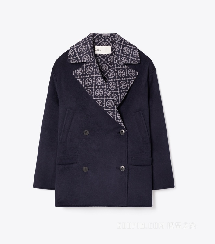 【新品】T Monogram 羊毛短大衣 雾霭海军蓝/灰色