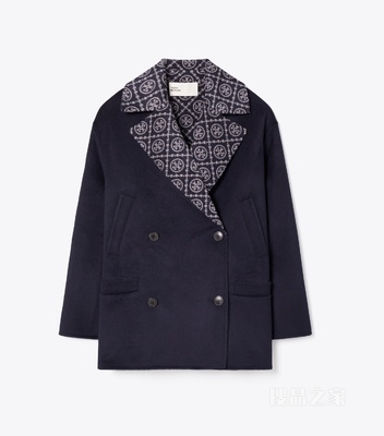 【新品】T Monogram 羊毛短大衣 雾霭海军蓝/灰色