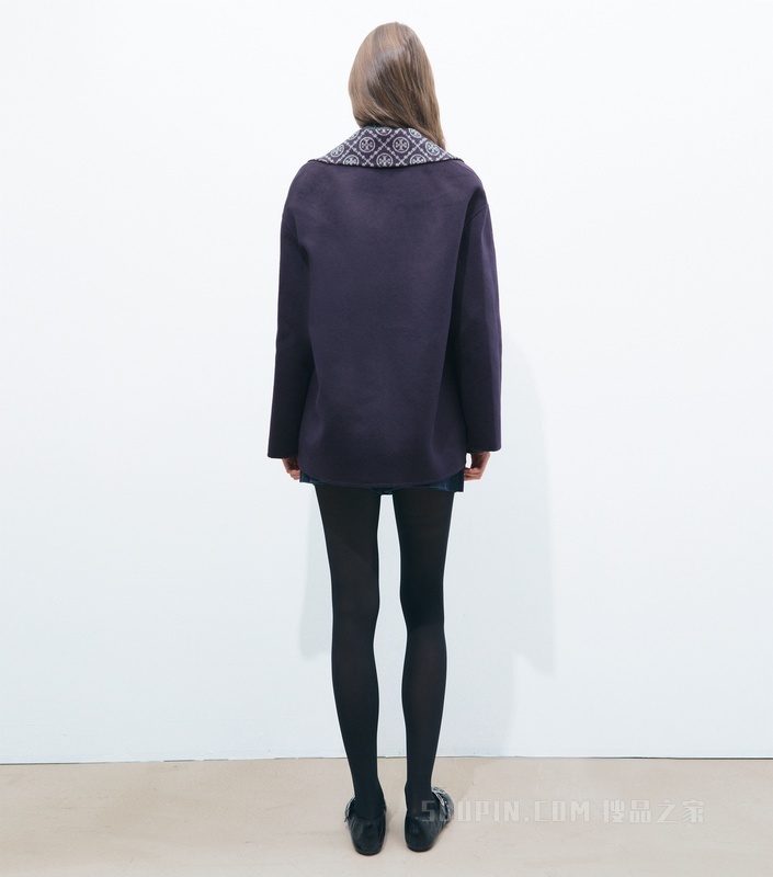 【新品】T Monogram 羊毛短大衣 雾霭海军蓝/灰色