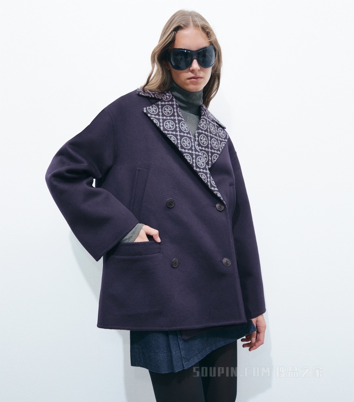 【新品】T Monogram 羊毛短大衣 雾霭海军蓝/灰色