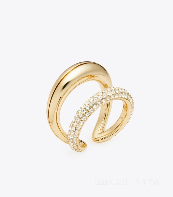 【新品】Pierced 光环系列密镶双环戒指 浅黄铜色/水晶色